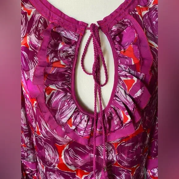 Tory Burch Sz 4 Gwenna Deep Pink Floral Keyhole Oval Ruffled front Tie front - Picture 3 of 14